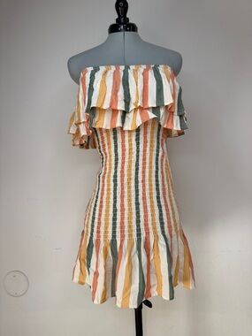Anthropologie Strapless Smocked Mini Dress Ruffle Stripe S NWT